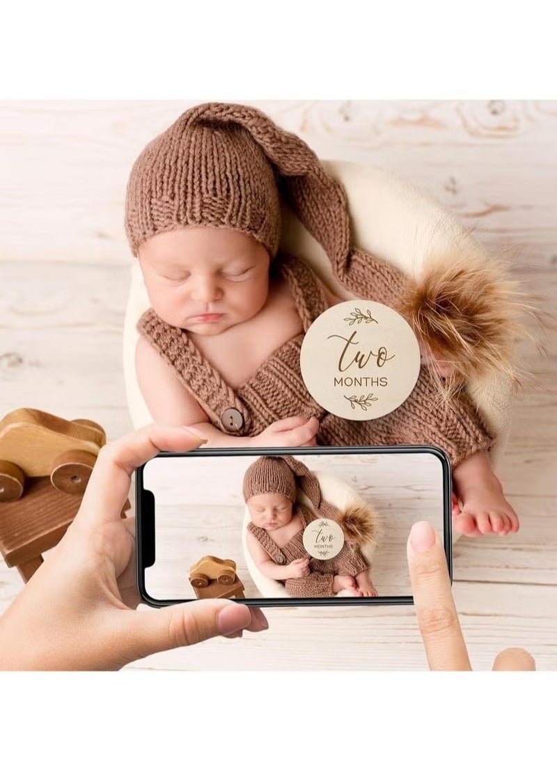 Gonice - Baby Monthly Milestone Cards Sign - 7 Cute Double Sided Wooden Circles Discs Newborn Memento - Image 1