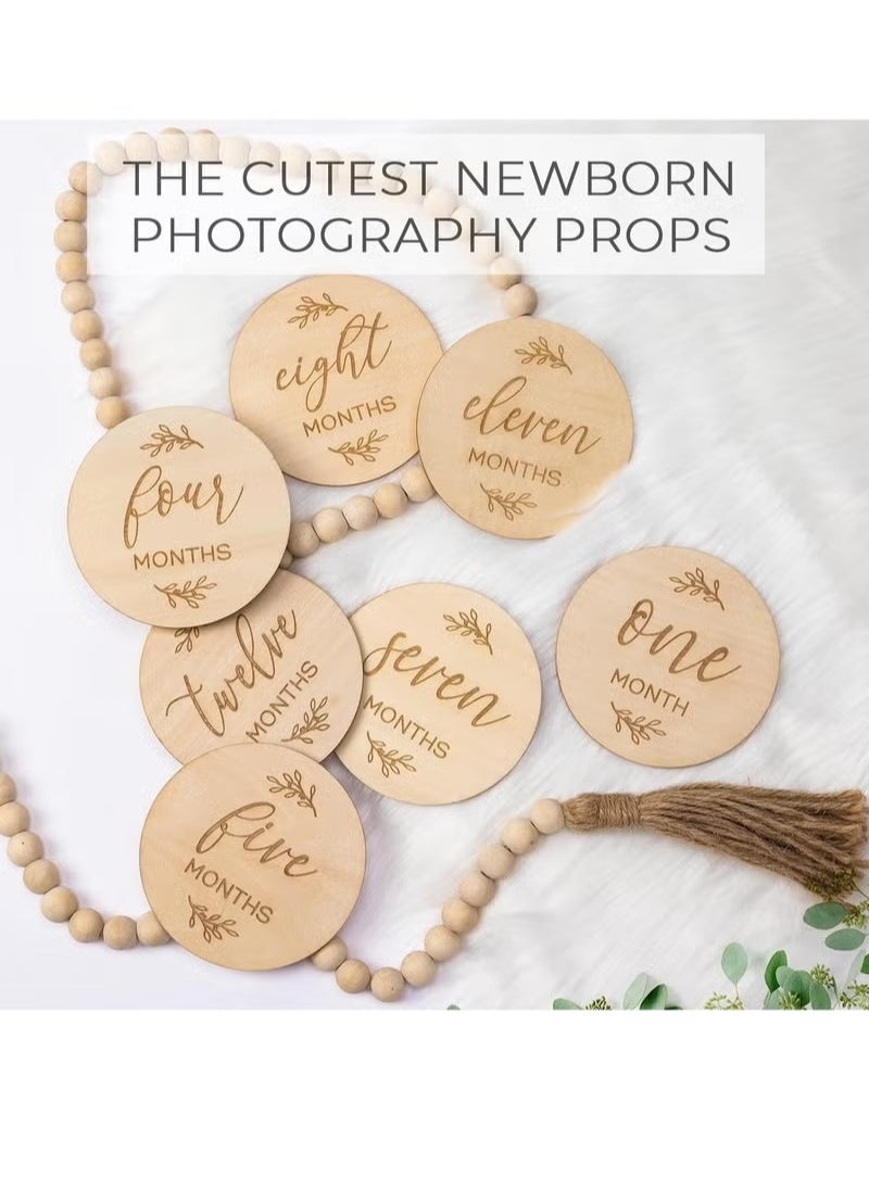 Gonice - Baby Monthly Milestone Cards Sign - 7 Cute Double Sided Wooden Circles Discs Newborn Memento - Image 1