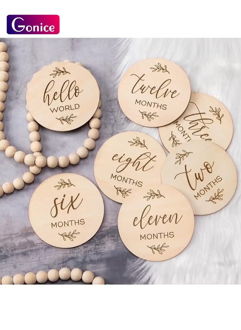 Gonice - Baby Monthly Milestone Cards Sign - 7 Cute Double Sided Wooden Circles Discs Newborn Memento - Image 1