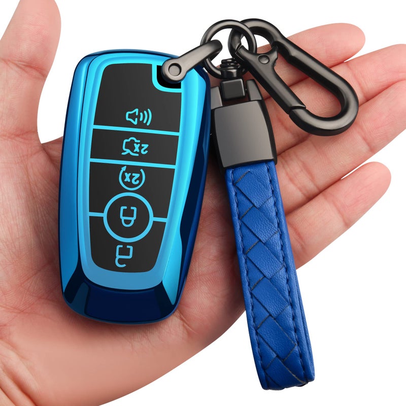 Sindeda for Ford Key Fob Cover With Keychain Premium Soft TPU Full Protection Key Case Shell Compatible with Ford Explorer Mustang Fusion Escape F150 F250 F350 F450 F550 Edge(Blue) - Image 1