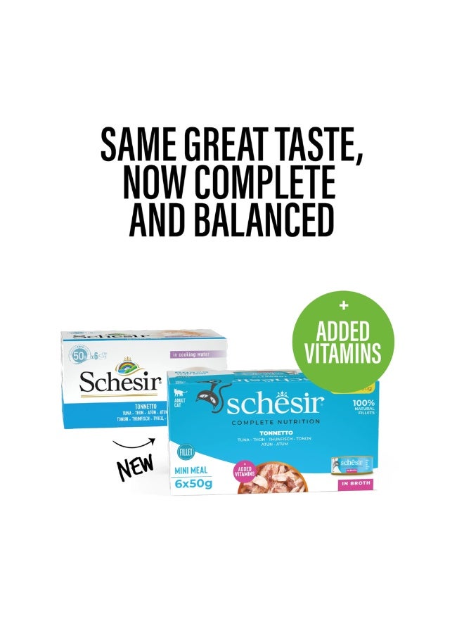 شيسر طعام القطط الرطب المتكامل والمتوازن من Schesir في المرق – علبة متعددة (تونة) – 6 × 50 جم - Image 1