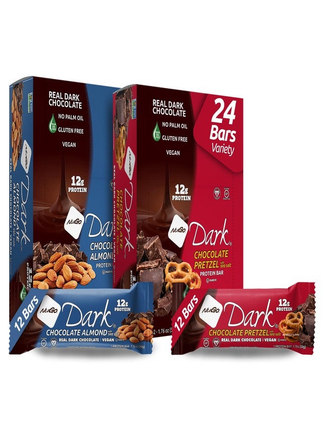 NuGo Dark Variety - Pretzel w/Sea Salt 12 bars & New! Chocolate Almond w/Sea Salt 12 bars, 12g Protein Bar, Vegan, Gluten Free, Non-GMO, Kosher Pareve, 24 count - Image 1