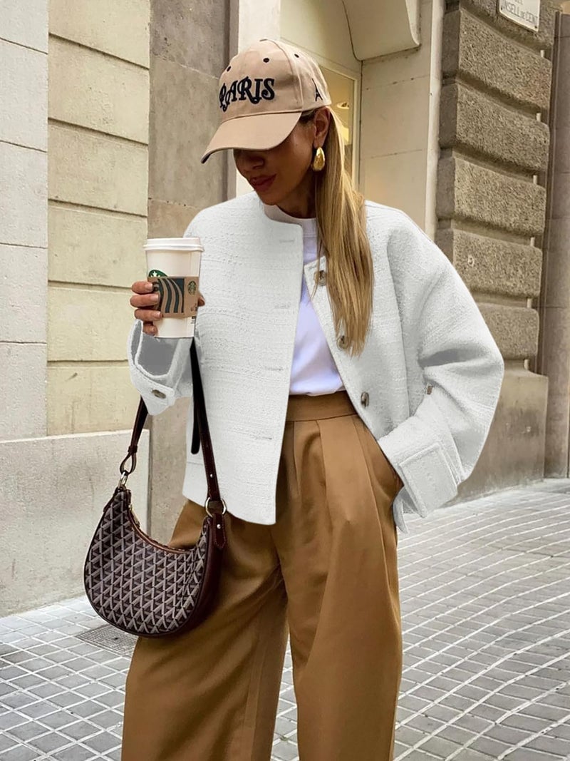 BZB White Blazers for Women Tweed Jackets Casual Long Sleeve Coat Open Front Business Casual Fall Outfits with Pockets - Image 3