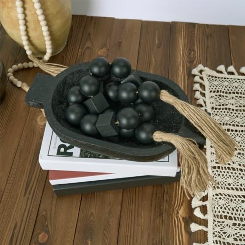 إكليل من الخرز الخشبي الأسود الكبير مع خرز وشرابات خشبية بقطر 1.6 بوصة، خرز خشبي ريفي طويل بطول 41.5 بوصة من الخرز الخشبي في المزرعة الريفية لديكور المنزل وديكور صينية متدرجة وديكور بوهو - Image 3