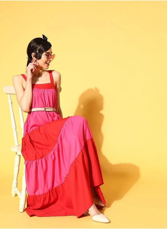 SASSAFRAS - WOMEN RED & FUCHSIA COLOUR BLOCK TIERED MAXI DRESS - Image 1