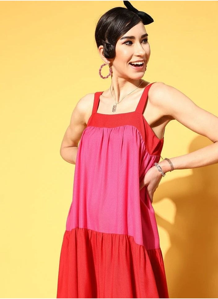 SASSAFRAS - WOMEN RED & FUCHSIA COLOUR BLOCK TIERED MAXI DRESS - Image 1
