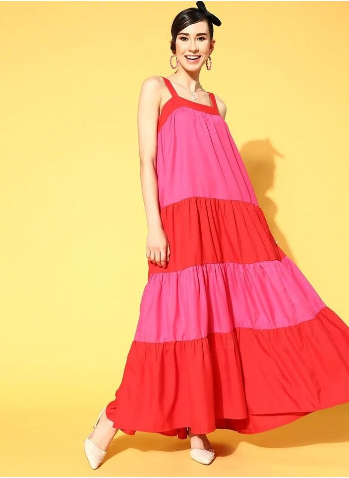 SASSAFRAS - WOMEN RED & FUCHSIA COLOUR BLOCK TIERED MAXI DRESS - Image 1