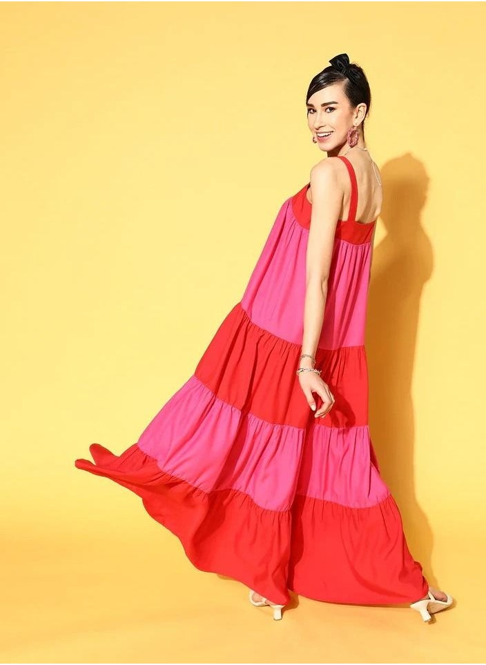 SASSAFRAS - WOMEN RED & FUCHSIA COLOUR BLOCK TIERED MAXI DRESS - Image 1