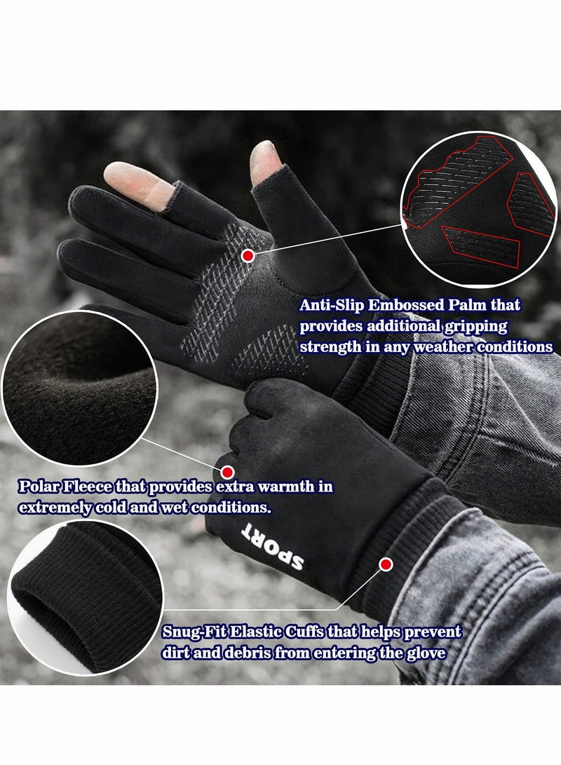 KASTWAVE Winter Cycling Gloves, 2-Fingerless Fishing Hunting Sport Running Bike Gloves, Waterproof Anti-Slip Mountain Biking Gloves, Driving Golf Sailing Shooting Gloves for Men Women  - Image 2