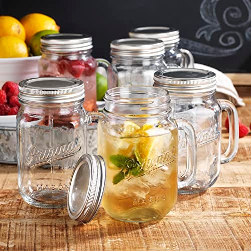 Glaver's Mason Jar 16 Oz. Glass Mugs with Handle and Lid Set Of 6 Old Fashioned Drinking Glass Bottles Original Mason Jar Pint Sized Cup Set. - Image 1