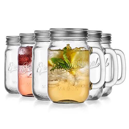 Glaver's Mason Jar 16 Oz. Glass Mugs with Handle and Lid Set Of 6 Old Fashioned Drinking Glass Bottles Original Mason Jar Pint Sized Cup Set. - Image 3