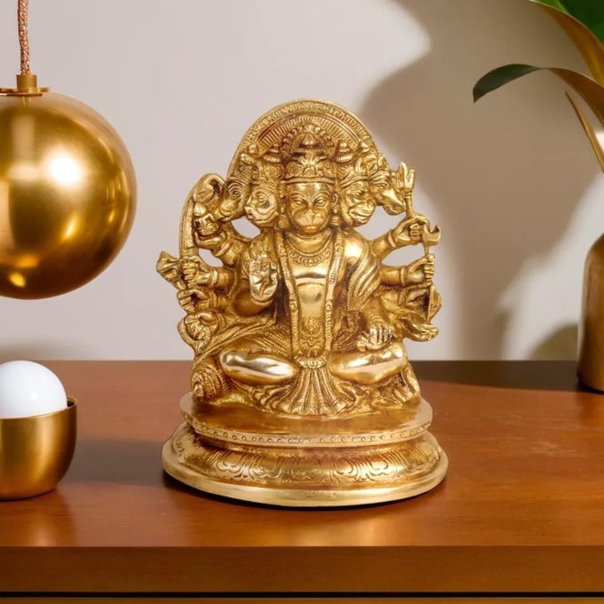 BRASS GOD BAJRANGBALI SANKAT MOCHAN PANCHMUKHI HANUMAN IDOL STATUE MURTI FOR HOME OFFICE ENTRANCE DECOR TEMPLE MANDIR POOJA PUJA GOLD 7 INCHES
