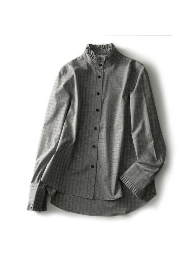 Stand Collar Plaid Shirt Spring Autumn New Women's Retro Hong Kong Style Scalloped Edge Design Unique Long Sleeve Top - Image 5