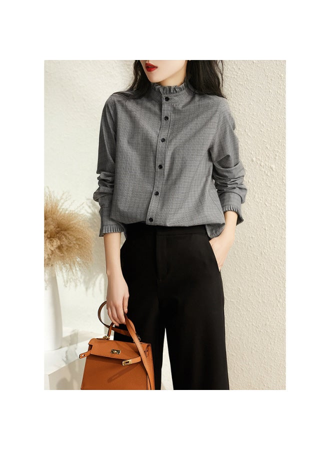 Stand Collar Plaid Shirt Spring Autumn New Women's Retro Hong Kong Style Scalloped Edge Design Unique Long Sleeve Top - Image 3