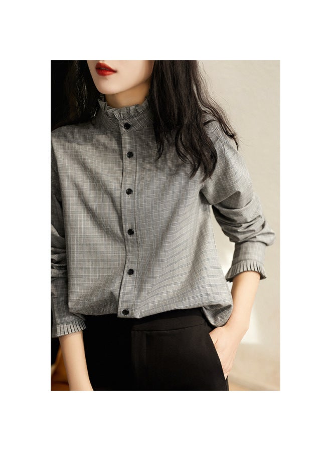 Stand Collar Plaid Shirt Spring Autumn New Women's Retro Hong Kong Style Scalloped Edge Design Unique Long Sleeve Top - Image 1