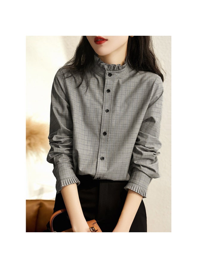 Stand Collar Plaid Shirt Spring Autumn New Women's Retro Hong Kong Style Scalloped Edge Design Unique Long Sleeve Top - Image 2