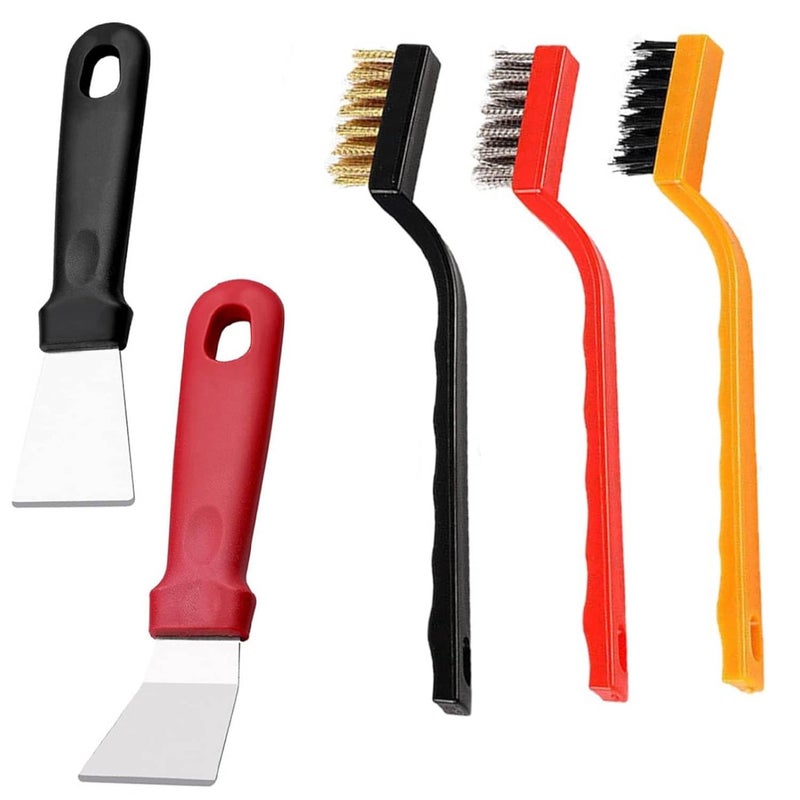 Prostuff.in ® مجموعة 3 قطع من فرش تنظيف موقد الغاز مع شعيرات معدنية ونحاسية ونايلون وقطعتين من المكاشط لإزالة الصدأ والأوساخ والدهانات مع أدوات تنظيف عميقة للاستخدام المنزلي والمطبخ مجموعة من 5 قطع - Image 1