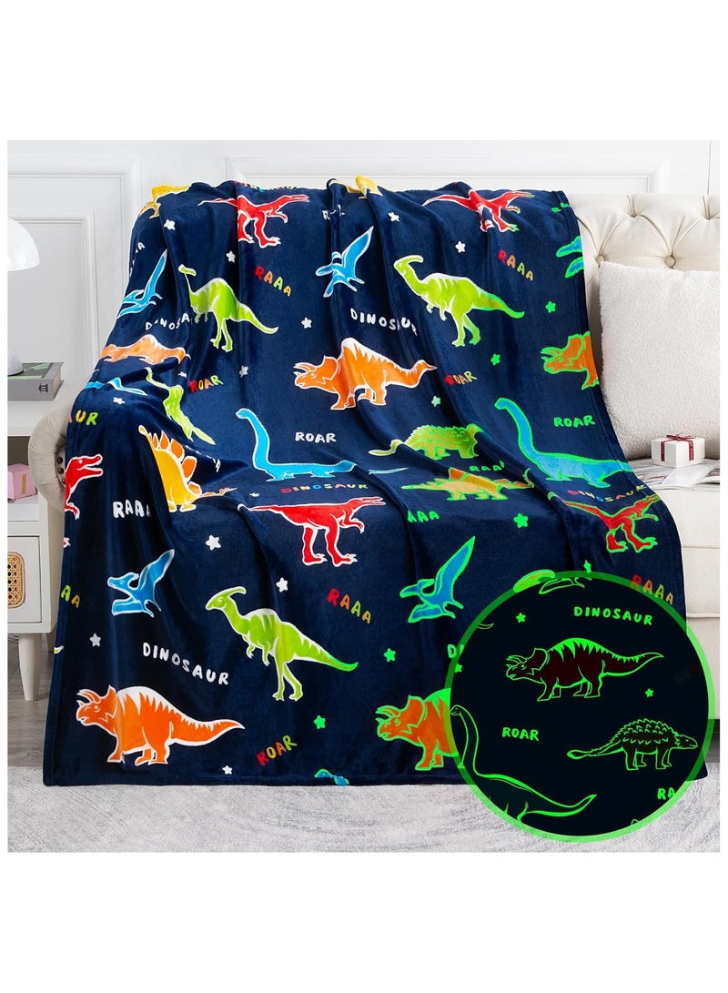 Kids Glow in The Dark Blanket Soft Throw All Seasons for Couch Sofa Bed /Dinosaur Gifts Toys for Kids Boys - Glow in The Dark Blanket Dino Throw Age 1-13 Years Old 150 x 120cm  - Image 1