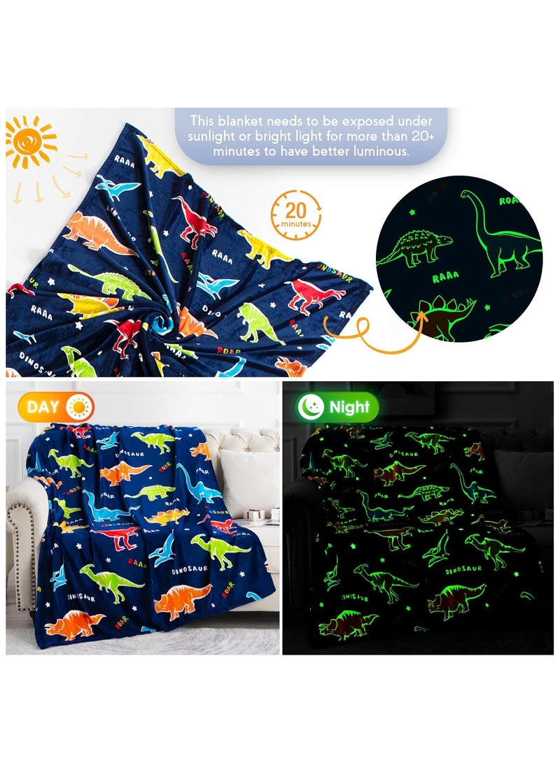Kids Glow in The Dark Blanket Soft Throw All Seasons for Couch Sofa Bed /Dinosaur Gifts Toys for Kids Boys - Glow in The Dark Blanket Dino Throw Age 1-13 Years Old 150 x 120cm  - Image 2