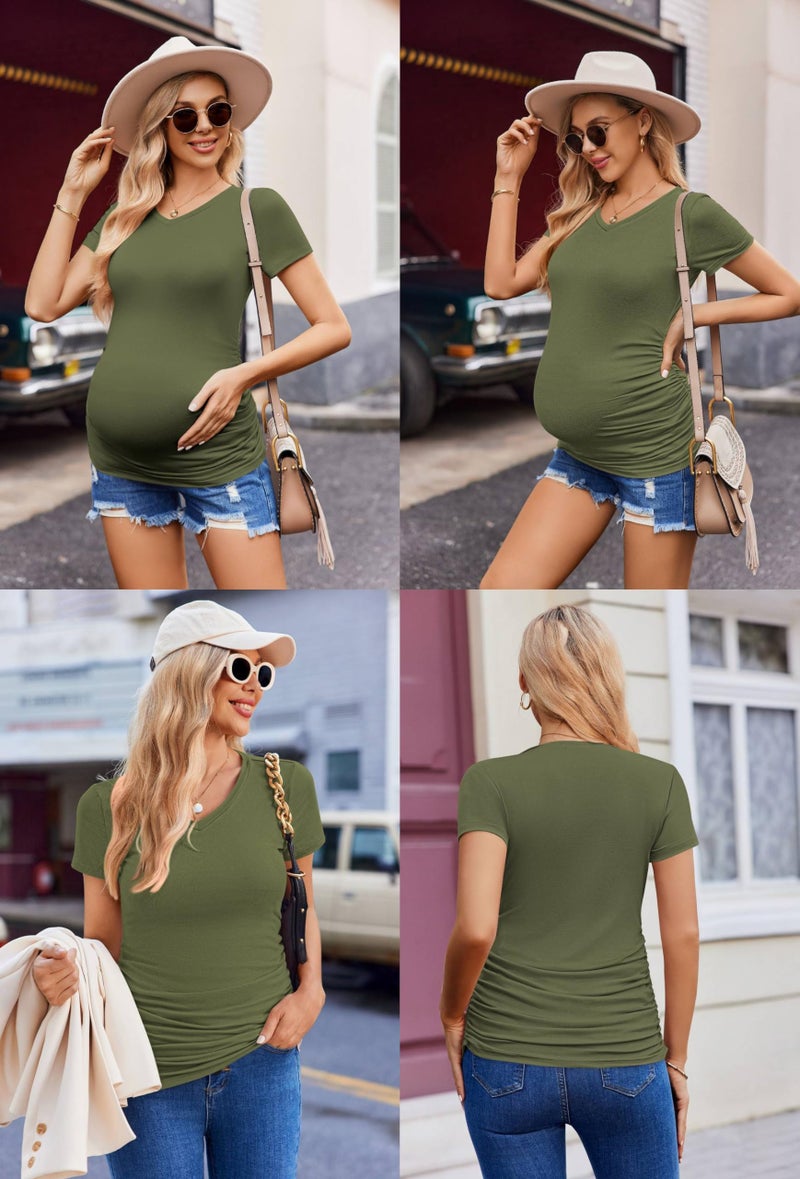 Ekouaer Womens Maternity Shirts 3 Packs V Neck Tops Tunic Pregnancy Clothes Side Ruched Short Sleeve Casual T Shirt S-XXL Black/Army Green/Dirty Pink M - Image 5