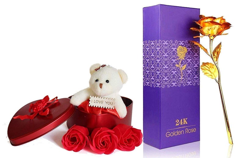 OANGO Gold Rose with Red Heart Gift Box and Soft Teddy Toy Best Gift to Express Love On Valentines Day Rose Day Or Dcor Purpose Specially for Your Love One