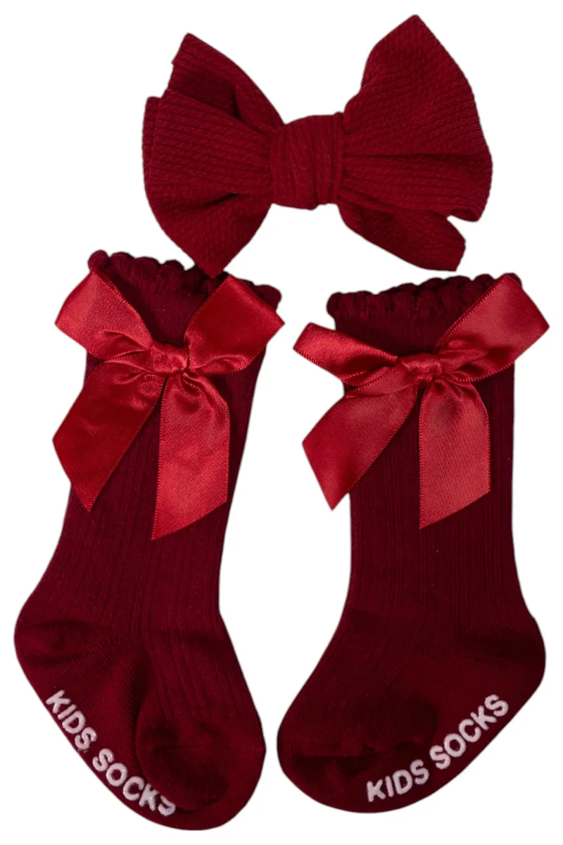 D'Daniela D' Daniela - Socks & Ribbon Headband Set - Burgundy