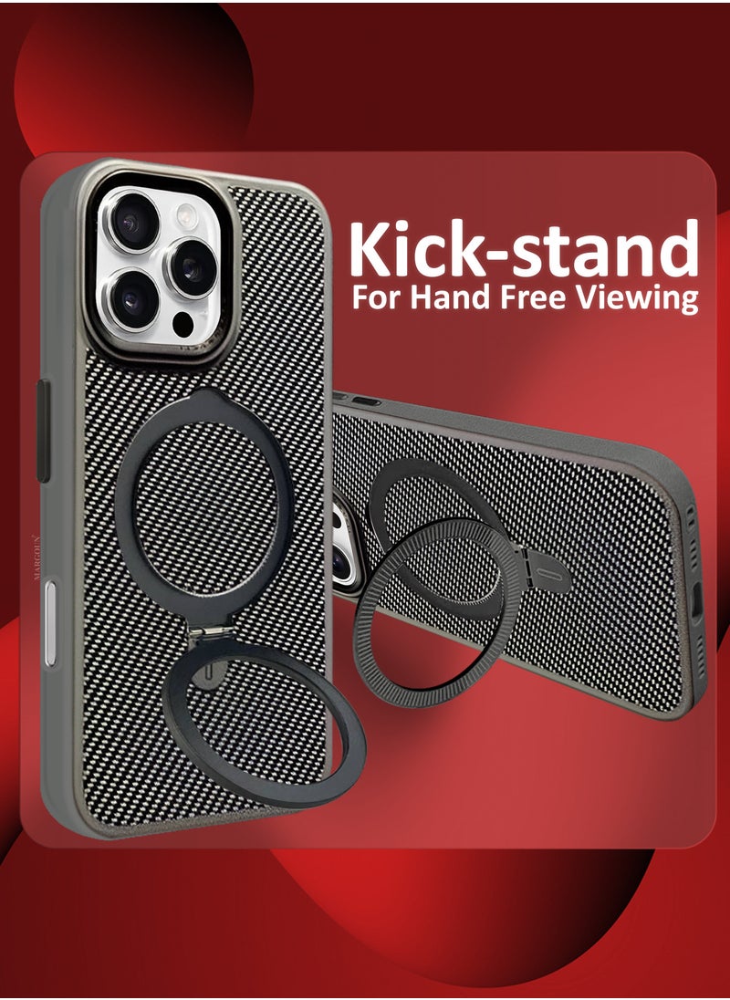CATANES ( for iPhone 16 Pro Max ) Carbon Fiber Case Cover, Kickstand  Metal Bracket, Magsafe Compatible - Grey  - Image 2