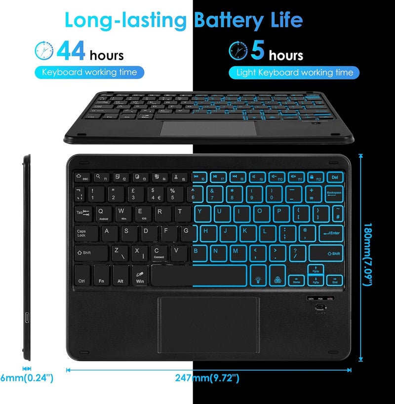 Nsyee Backlit Bluetooth Keyboard With Touchpad, Universal Compact Wireless Rechargeable Portable Keyboard for iPad/Samsung/Tablet/iOS/Android/Windows, UK Layout - Image 3