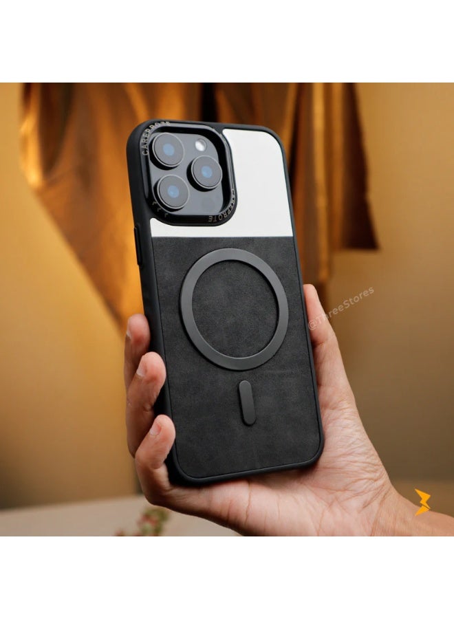 جراب خلفي من الجلد الفاخر متوافق مع الشحن اللاسلكي وإطار كاميرا مقاوم للصدمات مطلي بالكهرباء لهاتف (iPhone 16 Pro Max) أسود - Image 2
