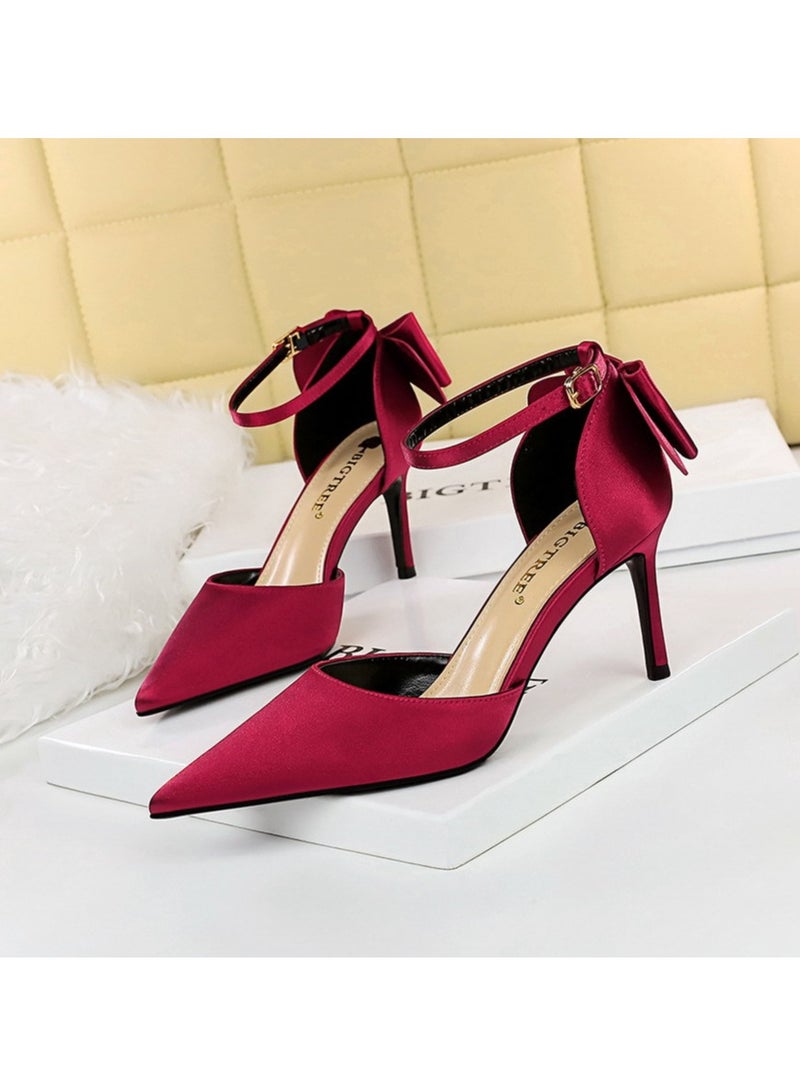 بيج تري Sweet Women Shoes Stiletto Heels High Hels Shallow Cut Pointed Shoes Satin Bow line High Heel Sandals 8cm - Image 1