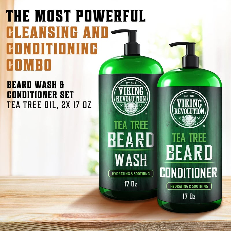 Viking Revolution Tea Tree Oil Beard Wash and Beard Conditioner For Men - Natural Beard Softener Set with Argan Oil, Vitamin E and Ginseng - Beard Shampoo and Conditioner Set (17 Oz) - Image 3