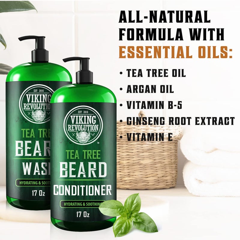 Viking Revolution Tea Tree Oil Beard Wash and Beard Conditioner For Men - Natural Beard Softener Set with Argan Oil, Vitamin E and Ginseng - Beard Shampoo and Conditioner Set (17 Oz) - Image 2
