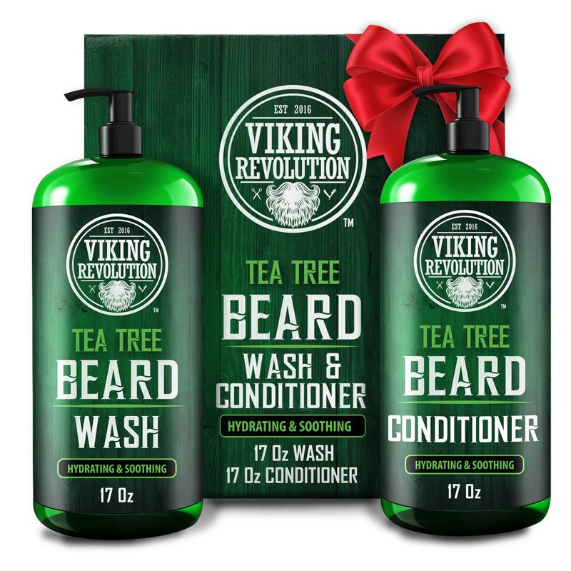 Viking Revolution Tea Tree Oil Beard Wash and Beard Conditioner For Men - Natural Beard Softener Set with Argan Oil, Vitamin E and Ginseng - Beard Shampoo and Conditioner Set (17 Oz) - Image 1