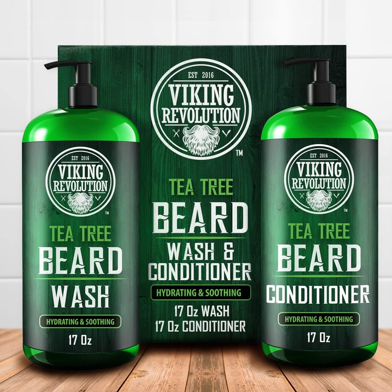 Viking Revolution Tea Tree Oil Beard Wash and Beard Conditioner For Men - Natural Beard Softener Set with Argan Oil, Vitamin E and Ginseng - Beard Shampoo and Conditioner Set (17 Oz) - Image 4
