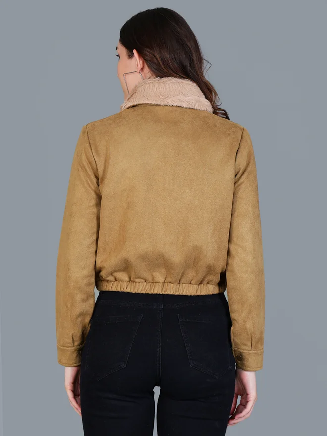 Fort Collins  Women Beige Faux Suede Jacket with Fur Collar for Women | Best Price UAE