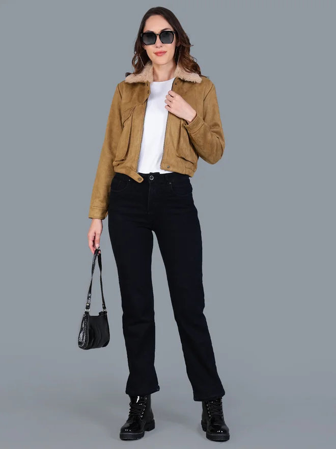 فورت كولينز جاكيت نسائي من فور كولينز بيج من جلد الغزال الصناعي بياقة فرو