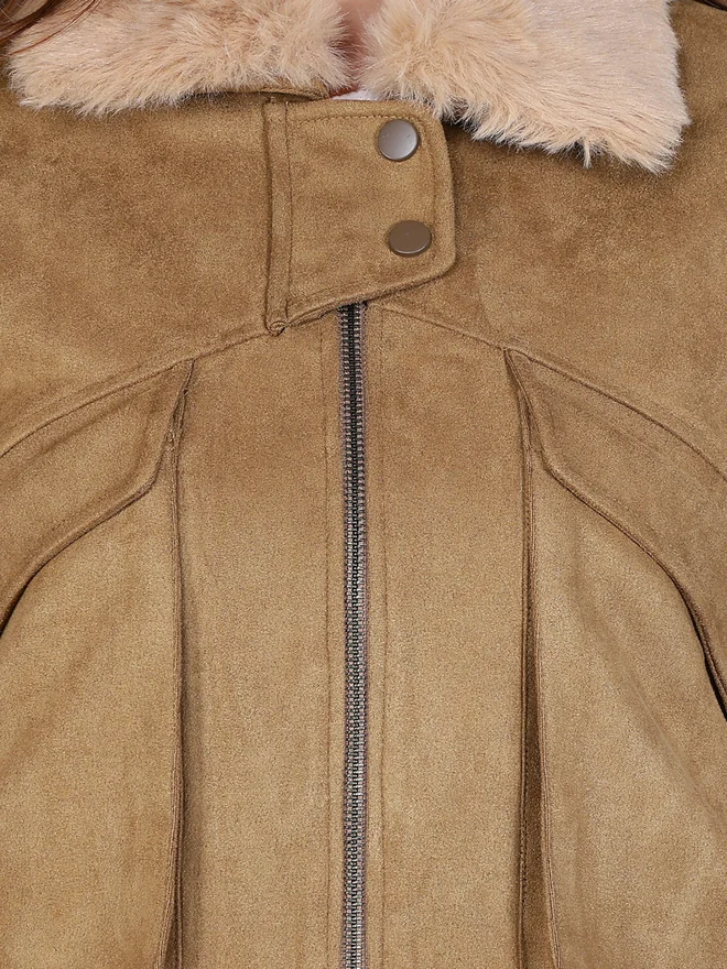 Fort Collins  Women Beige Faux Suede Jacket with Fur Collar for Women | Best Price UAE