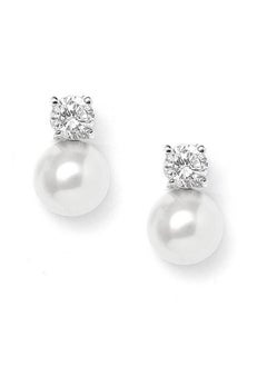 White Pearl Bridal Earrings With Cubic Zirconia Crystal Top, 9Mm White Pearl Stud Earring, Perfect For Brides, Bridesmaids, Wedding Party And Everyday Wear