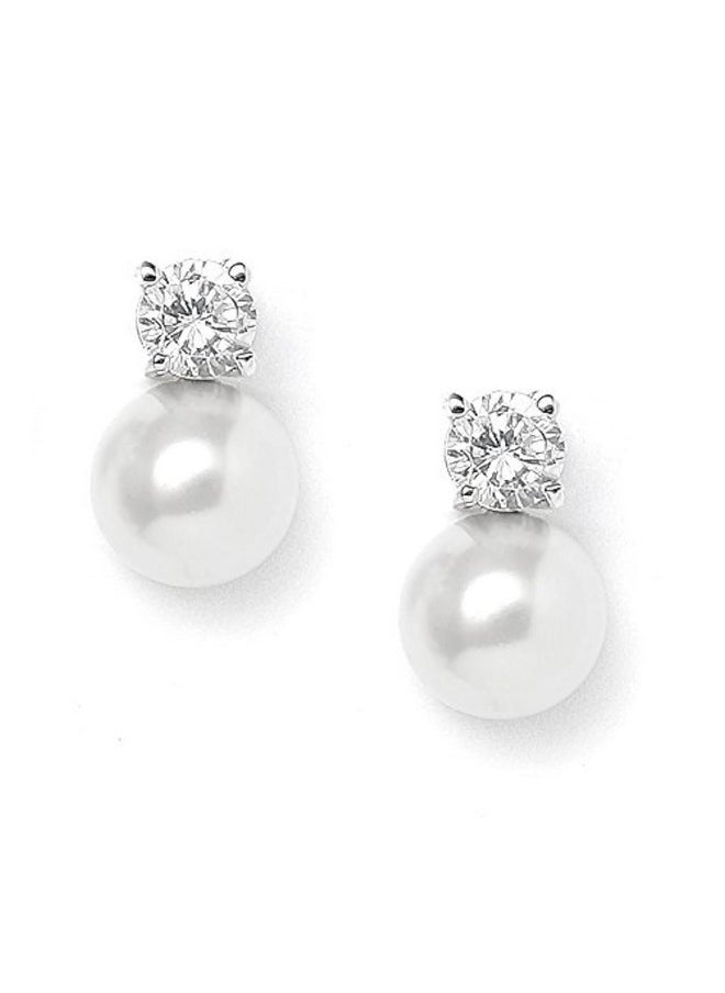Mariell - White Pearl Bridal Earrings With Cubic Zirconia Crystal Top, 9Mm White Pearl Stud Earring, Perfect For Brides, Bridesmaids, Wedding Party And Everyday Wear - Image 1
