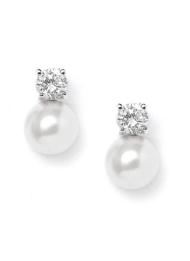 Mariell - White Pearl Bridal Earrings With Cubic Zirconia Crystal Top, 9Mm White Pearl Stud Earring, Perfect For Brides, Bridesmaids, Wedding Party And Everyday Wear - Image 1