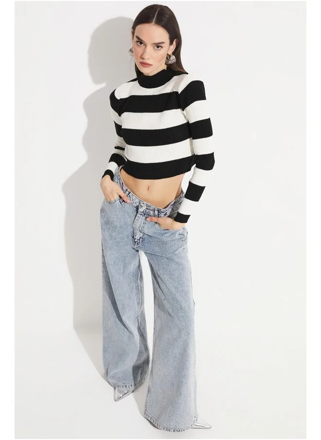 جون June Striped Crop Knitwear Sweater Black - Ecru