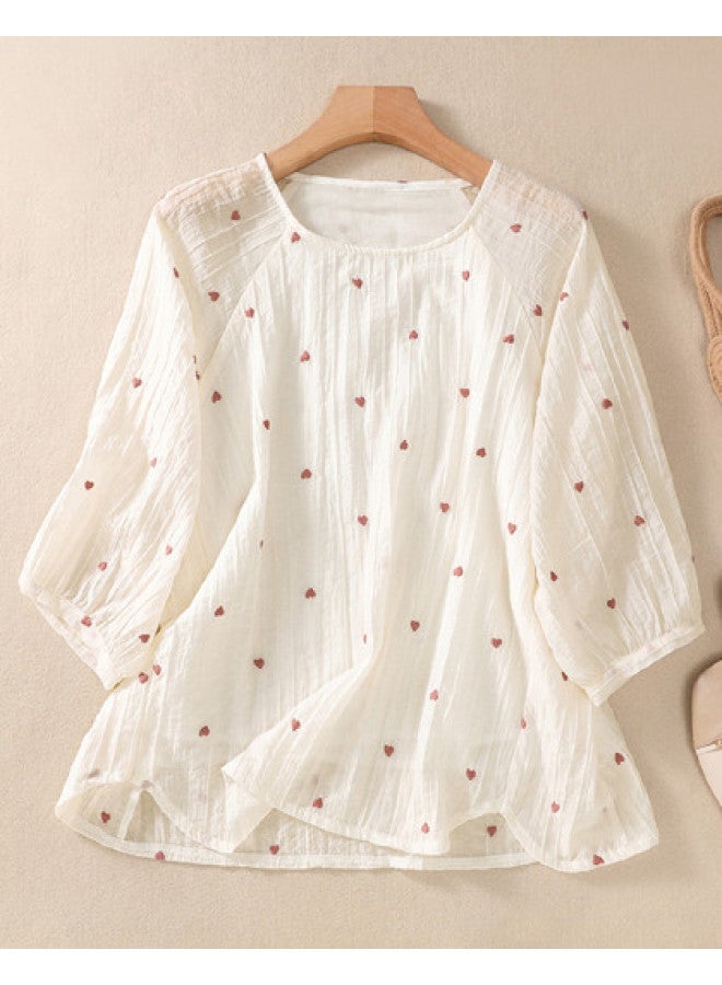 XINYANG With Anti-show Lining】floral Love Print Blouse Women 2025 Summer Textured Crinkle Lantern Sleeve Top - Image 1