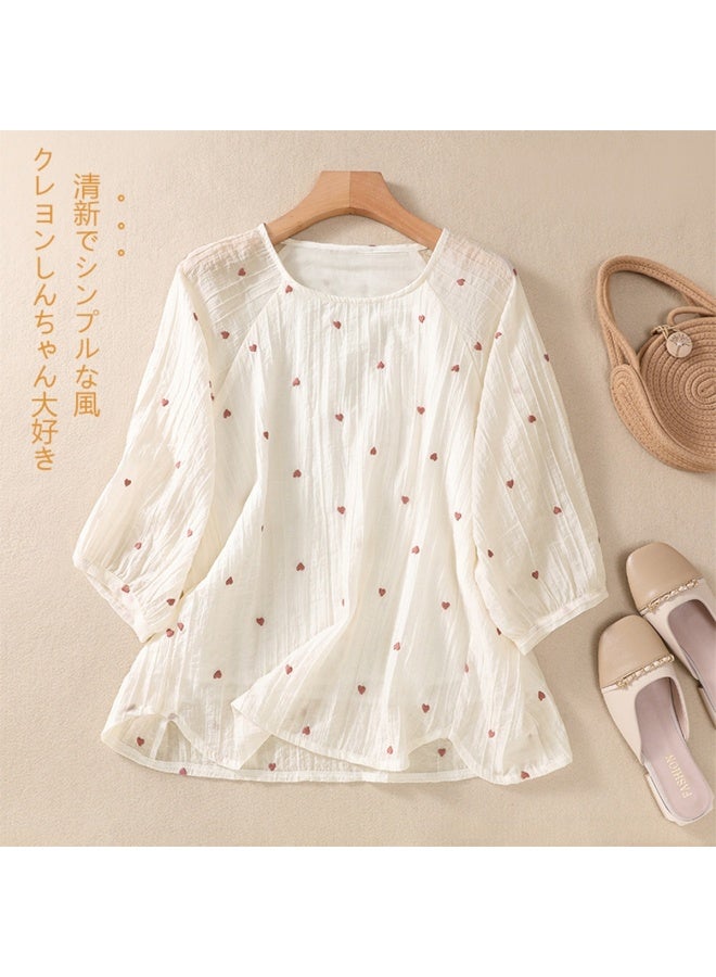 XINYANG With Anti-show Lining】floral Love Print Blouse Women 2025 Summer Textured Crinkle Lantern Sleeve Top - Image 2