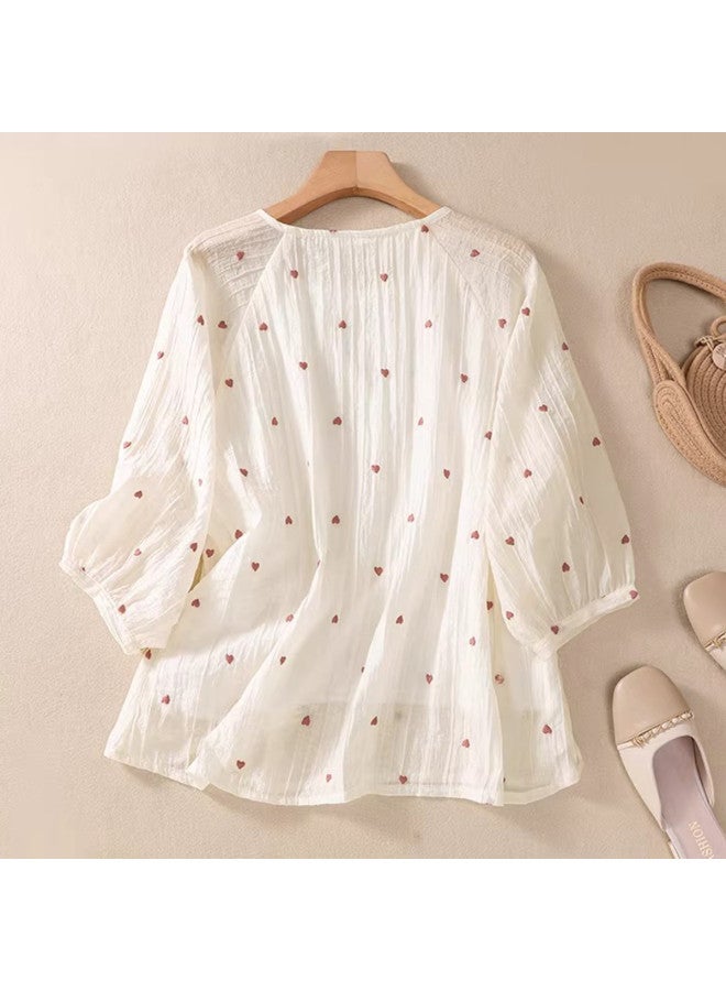 XINYANG With Anti-show Lining】floral Love Print Blouse Women 2025 Summer Textured Crinkle Lantern Sleeve Top - Image 3