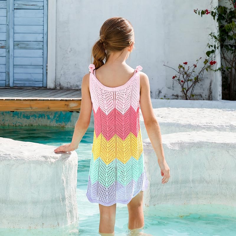 CHILDRENSTAR Girls Crochet Bikini Cover Up Beach Swimsuit Sun Protective Rainbow Spaghetti Strap Mini Dress,with Sunglass,Size 4 5 - Image 2