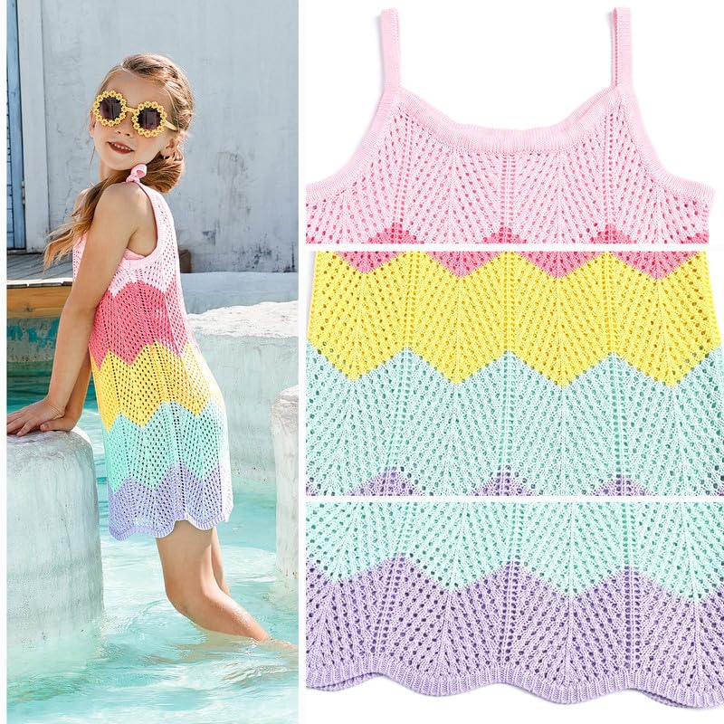 CHILDRENSTAR Girls Crochet Bikini Cover Up Beach Swimsuit Sun Protective Rainbow Spaghetti Strap Mini Dress,with Sunglass,Size 4 5 - Image 5