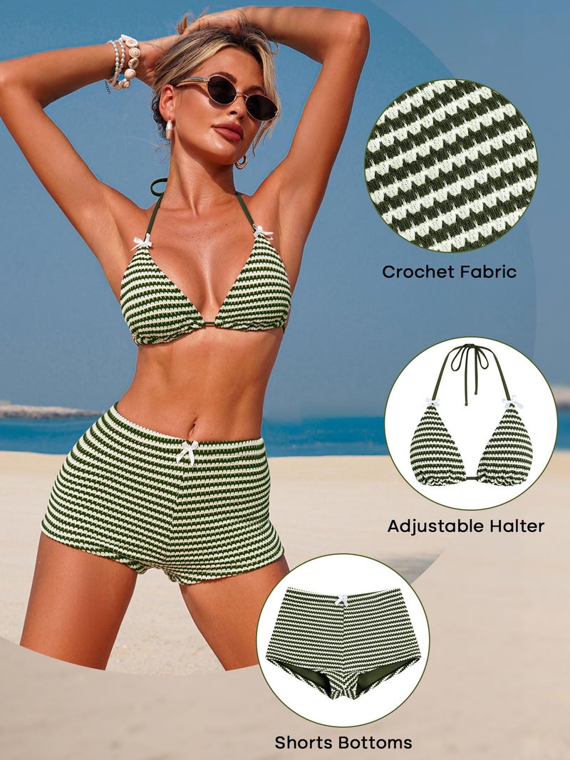 ZAFUL Green Women's Striped Bikini Shorts Sets Bow Halter Triangle Bikini Two Piece Bathing Suit Shorts Knit Y2K Boyshort Swimsuits for Resort Wear M
