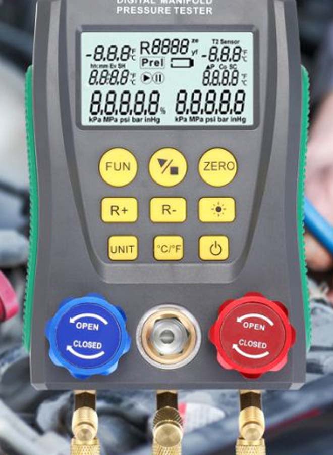 Refrigeration Digital Manifold Vacuum Pressure Tester Grey/Green/Yellow 20cm - Image 2