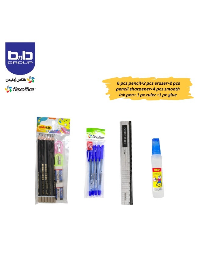 FLEXOFFICE Art Supplies, Combo Kit with 6 pcs pencil,2 pcs eraser,2 pcs pencil sharpener,4 pcs smooth ink pen,1 pc ruler,1 pc glue,1 set fibre pen,1 set crayon Deluxe Colouring Art Set Accessories, Easy to Carry, Ideal Gift for Beginners and Kids Aged 3+ - Image 3