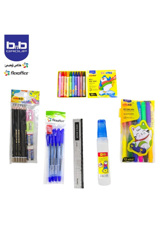 FLEXOFFICE Art Supplies, Combo Kit with 6 pcs pencil,2 pcs eraser,2 pcs pencil sharpener,4 pcs smooth ink pen,1 pc ruler,1 pc glue,1 set fibre pen,1 set crayon Deluxe Colouring Art Set Accessories, Easy to Carry, Ideal Gift for Beginners and Kids Aged 3+ - Image 4